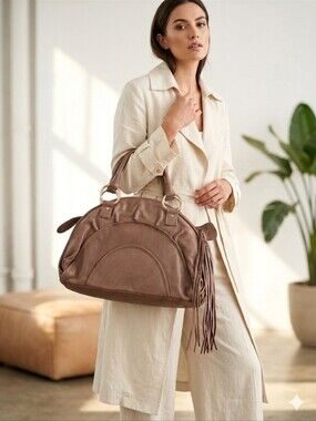 Bulga Beige Leather Large Boho Handbag Fringed & Studded Details